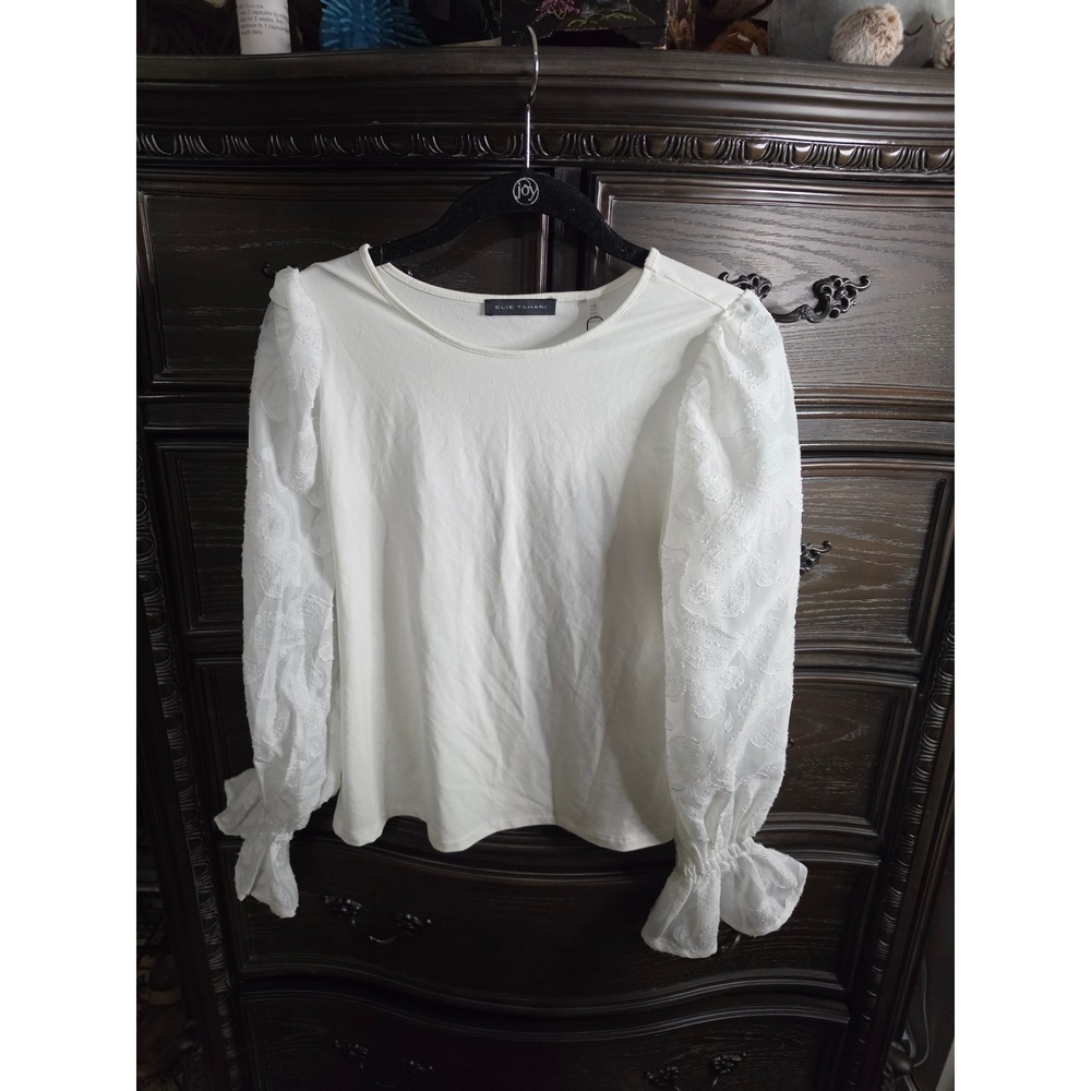 Elie Tahari White Knit Top Embroidered Sheer Puff Sleeve Ruffle Cuff XS NWT